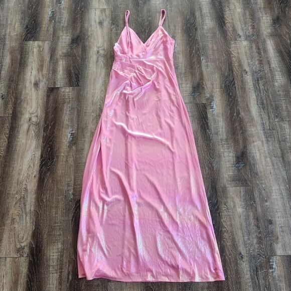 Retrofete Yesi Dress in Flamingo Pink Medium NWT Metallic Maxi Spaghetti Straps - Picture 7 of 14